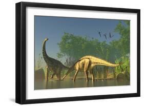 Spinophorosaurus Dinosaurs Grazing the Inhabited Swamps of the Jurassic Period-null-Framed Art Print