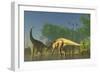 Spinophorosaurus Dinosaurs Grazing the Inhabited Swamps of the Jurassic Period-null-Framed Art Print