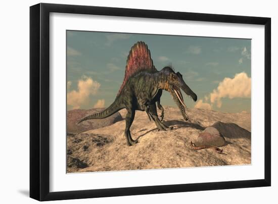 Spinosaurus Dinosaur Hunting a Snake - 3D Render-Elenarts-Framed Art Print