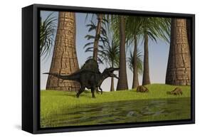 Spinosaurus Hunting Along the Edge of a Swamp While a Pair of Eurohippus Graze Nearby-null-Framed Stretched Canvas