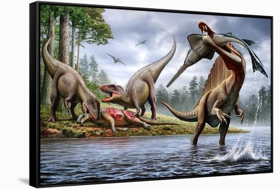 Spinosaurus Hunting an Onchopristis with a Pair of Carcharodontosaurus in Background-null-Framed Stretched Canvas