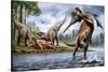 Spinosaurus Hunting an Onchopristis with a Pair of Carcharodontosaurus in Background-null-Stretched Canvas