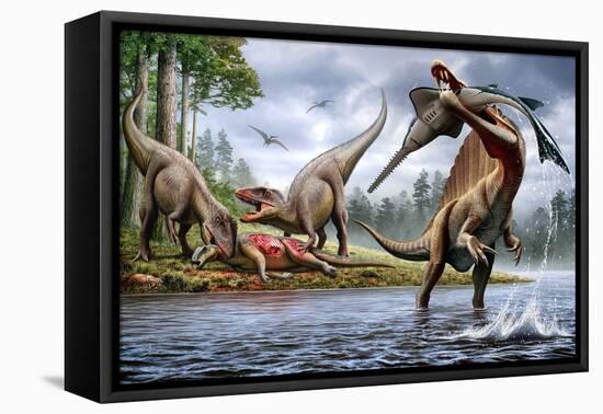 Spinosaurus Hunting an Onchopristis with a Pair of Carcharodontosaurus in Background-null-Framed Stretched Canvas