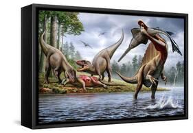 Spinosaurus Hunting an Onchopristis with a Pair of Carcharodontosaurus in Background-null-Framed Stretched Canvas