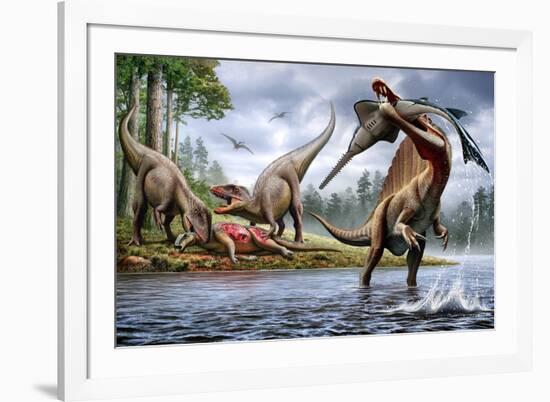 Spinosaurus Hunting an Onchopristis with a Pair of Carcharodontosaurus in Background-null-Framed Art Print