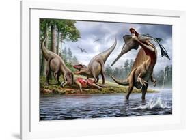 Spinosaurus Hunting an Onchopristis with a Pair of Carcharodontosaurus in Background-null-Framed Art Print