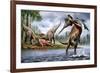 Spinosaurus Hunting an Onchopristis with a Pair of Carcharodontosaurus in Background-null-Framed Art Print