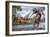 Spinosaurus Hunting an Onchopristis with a Pair of Carcharodontosaurus in Background-null-Framed Art Print