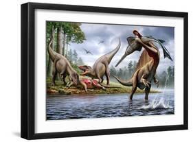 Spinosaurus Hunting an Onchopristis with a Pair of Carcharodontosaurus in Background-null-Framed Art Print