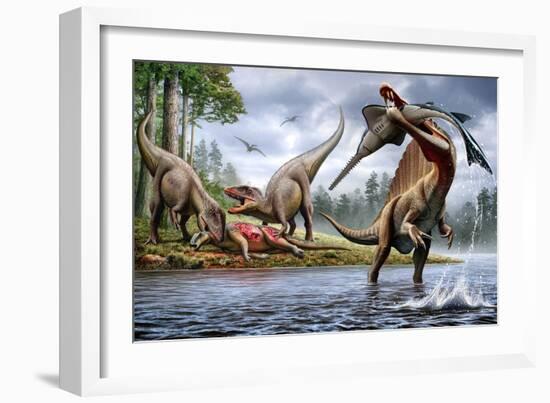 Spinosaurus Hunting an Onchopristis with a Pair of Carcharodontosaurus in Background-null-Framed Art Print