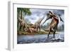 Spinosaurus Hunting an Onchopristis with a Pair of Carcharodontosaurus in Background-null-Framed Art Print