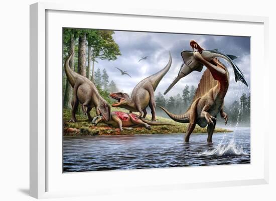 Spinosaurus Hunting an Onchopristis with a Pair of Carcharodontosaurus in Background-null-Framed Art Print