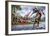 Spinosaurus Hunting an Onchopristis with a Pair of Carcharodontosaurus in Background-null-Framed Art Print