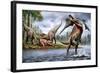 Spinosaurus Hunting an Onchopristis with a Pair of Carcharodontosaurus in Background-null-Framed Art Print