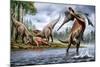 Spinosaurus Hunting an Onchopristis with a Pair of Carcharodontosaurus in Background-null-Mounted Art Print