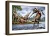 Spinosaurus Hunting an Onchopristis with a Pair of Carcharodontosaurus in Background-null-Framed Premium Giclee Print