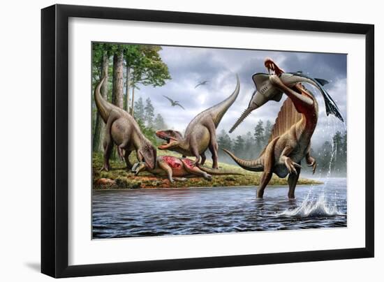 Spinosaurus Hunting an Onchopristis with a Pair of Carcharodontosaurus in Background-null-Framed Premium Giclee Print