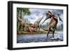 Spinosaurus Hunting an Onchopristis with a Pair of Carcharodontosaurus in Background-null-Framed Premium Giclee Print