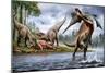 Spinosaurus Hunting an Onchopristis with a Pair of Carcharodontosaurus in Background-null-Mounted Premium Giclee Print