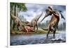 Spinosaurus Hunting an Onchopristis with a Pair of Carcharodontosaurus in Background-null-Framed Art Print