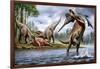 Spinosaurus Hunting an Onchopristis with a Pair of Carcharodontosaurus in Background-null-Framed Art Print