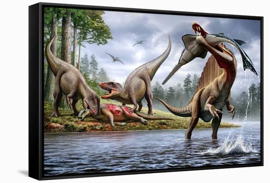 Spinosaurus Hunting an Onchopristis with a Pair of Carcharodontosaurus in Background-null-Framed Stretched Canvas