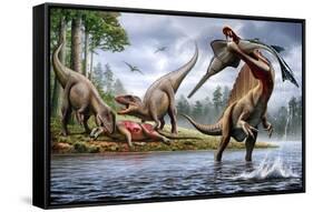 Spinosaurus Hunting an Onchopristis with a Pair of Carcharodontosaurus in Background-null-Framed Stretched Canvas