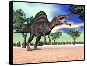 Spinosaurus Standing in the Desert with Trees-null-Framed Stretched Canvas