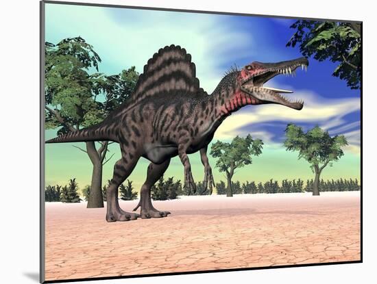 Spinosaurus Standing in the Desert with Trees-null-Mounted Art Print