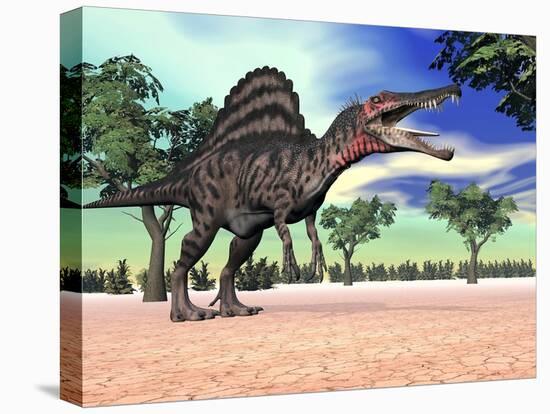 Spinosaurus Standing in the Desert with Trees-null-Stretched Canvas