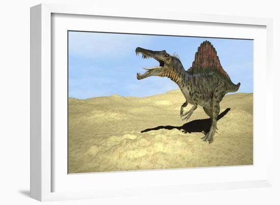 Spinosaurus Walking across Desert Terrain-null-Framed Art Print