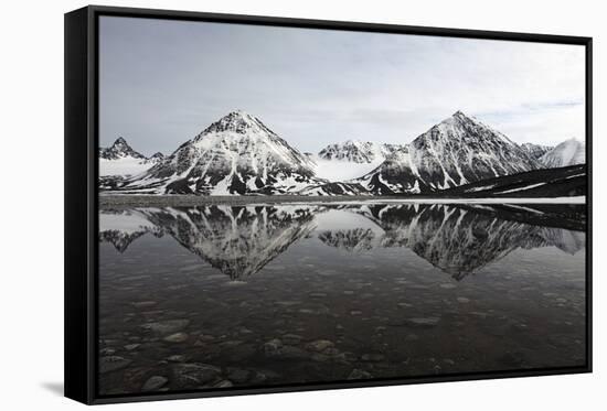 Spitsbergen, Svalbard, Norway. Mountains Reflecting on a Lagoon in Northern Spitsbergen-ClickAlps-Framed Stretched Canvas