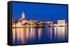 Split Harbour with Cathedral of Saint Domnius at dusk, Split, Dalmatian Coast, Croatia-Neil Farrin-Framed Stretched Canvas