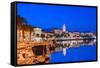 Split Harbour with Cathedral of Saint Domnius at dusk, Split, Dalmatian Coast, Croatia-Neil Farrin-Framed Stretched Canvas