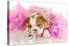 Spoiled Dog - English Bulldog Puppy Chewing On Tiara Surrounded By Pink Feathers-Willee Cole-Stretched Canvas