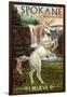 Spokane, Washington - Unicorn Scene-Lantern Press-Framed Art Print