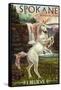 Spokane, Washington - Unicorn Scene-Lantern Press-Framed Stretched Canvas