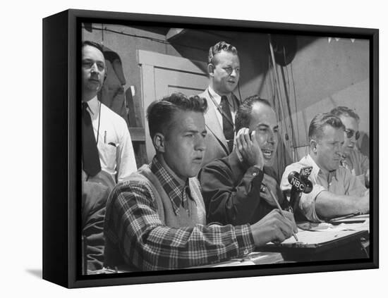 Sports Commentator William Stern Performing a Broadcast During a Football Game-null-Framed Stretched Canvas