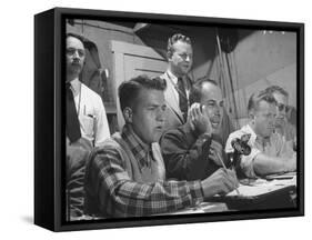 Sports Commentator William Stern Performing a Broadcast During a Football Game-null-Framed Stretched Canvas