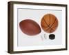 Sports Equipmet: Football, Baseball, Basketball,Hockey Puck-null-Framed Photographic Print