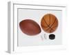 Sports Equipmet: Football, Baseball, Basketball,Hockey Puck-null-Framed Photographic Print