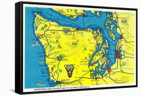 Sportsman and Tourist Map, Olympic Peninsula - Olympic National Park-Lantern Press-Framed Stretched Canvas