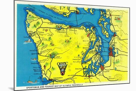 Sportsman and Tourist Map, Olympic Peninsula - Olympic National Park-Lantern Press-Mounted Premium Giclee Print