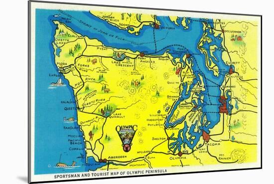 Sportsman and Tourist Map, Olympic Peninsula - Olympic National Park-Lantern Press-Mounted Art Print