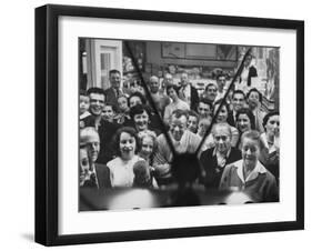 Spreanza Family Gathering around a Television in a Supermarket to Watch Jill Corey Perform-null-Framed Photographic Print