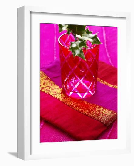 Sprig of Holly in Festive Red Glass on Cushion-Joff Lee-Framed Photographic Print