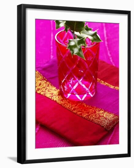 Sprig of Holly in Festive Red Glass on Cushion-Joff Lee-Framed Photographic Print