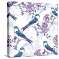 Spring Cherry Pattern with Birds-Varvara Kurakina-Stretched Canvas