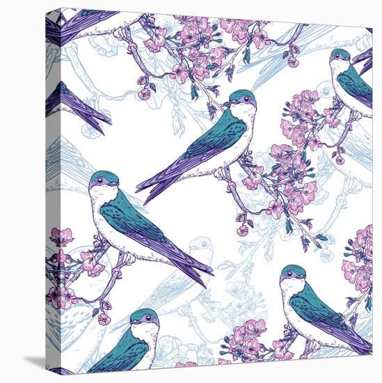 Spring Cherry Pattern with Birds-Varvara Kurakina-Stretched Canvas