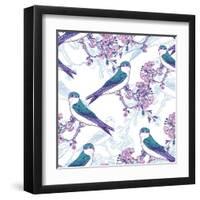 Spring Cherry Pattern with Birds-Varvara Kurakina-Framed Art Print